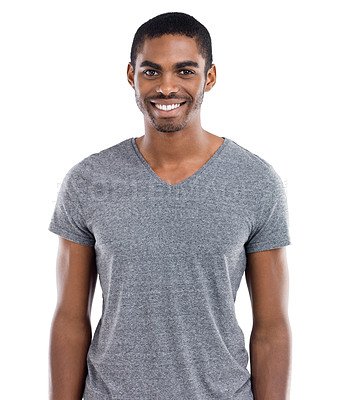 Buy stock photo Studio, portrait and of black man with fashion to relax with happiness at university in white background. African, person and smile with casual style, shirt and college student with pride in mockup