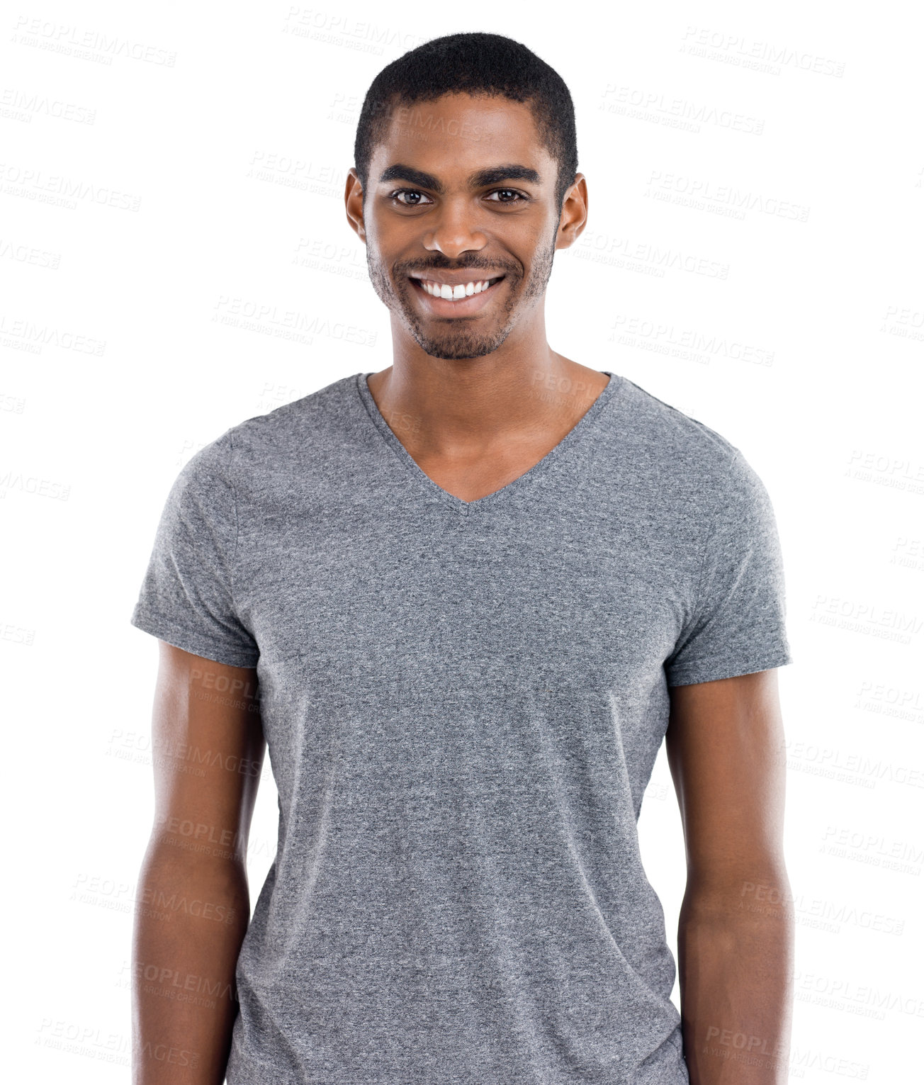 Buy stock photo Studio, portrait and of black man with fashion to relax with happiness at university in white background. African, person and smile with casual style, shirt and college student with pride in mockup