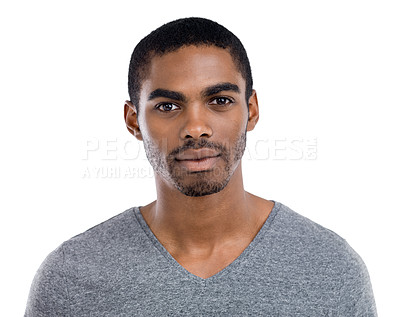 Buy stock photo Portrait, assertive and serious with young black man in studio isolated on white background. Face, confident or tough and person in tshirt feeling cool, proud or strong with determined expression