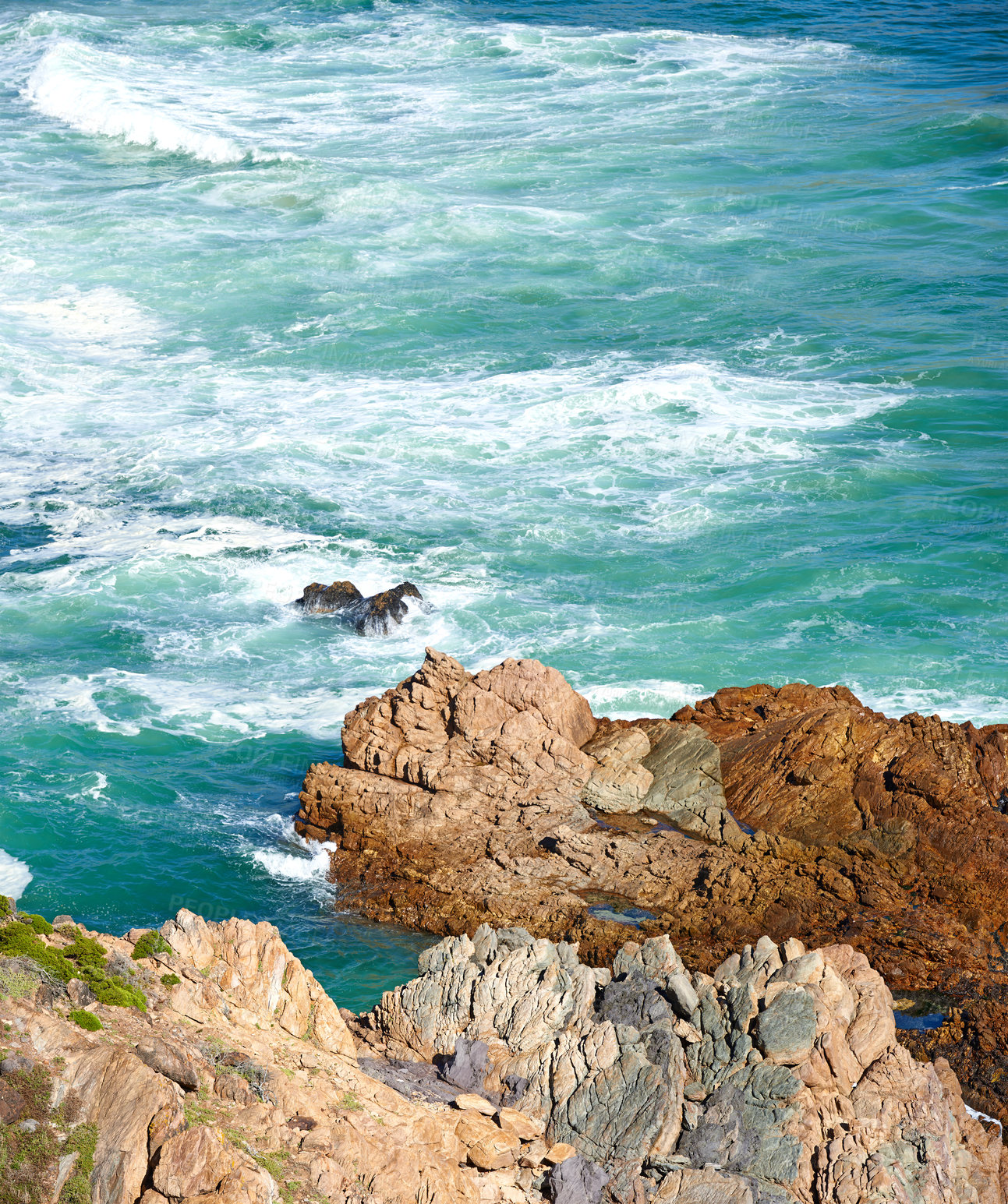 Buy stock photo Nature, landscape and cliff rocks by sea for travel destination, holiday and vacation. Natural background, summer and waves, ocean and water for scenic view in environment, ecosystem and location