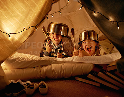 Buy stock photo Tent, lights and children at night in bedroom for playing, fun and bonding together at home. Friends, youth and happy kids with spoon, helmet pots and blanket fort for games, imagination or childhood