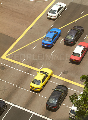 Buy stock photo High angle of street, cars and parking lot for road infrastructure, transport and traffic flow. Aerial view of outdoor with driving and asphalt and lines or design for travel, car and street rules