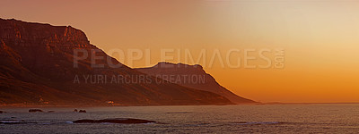 Buy stock photo Sea, sky background and mountain on island, horizon and tourist destination for summer vacation in nature. Paradise, ocean or sunrise in cape town, peace or outdoor travel of sustainable environment