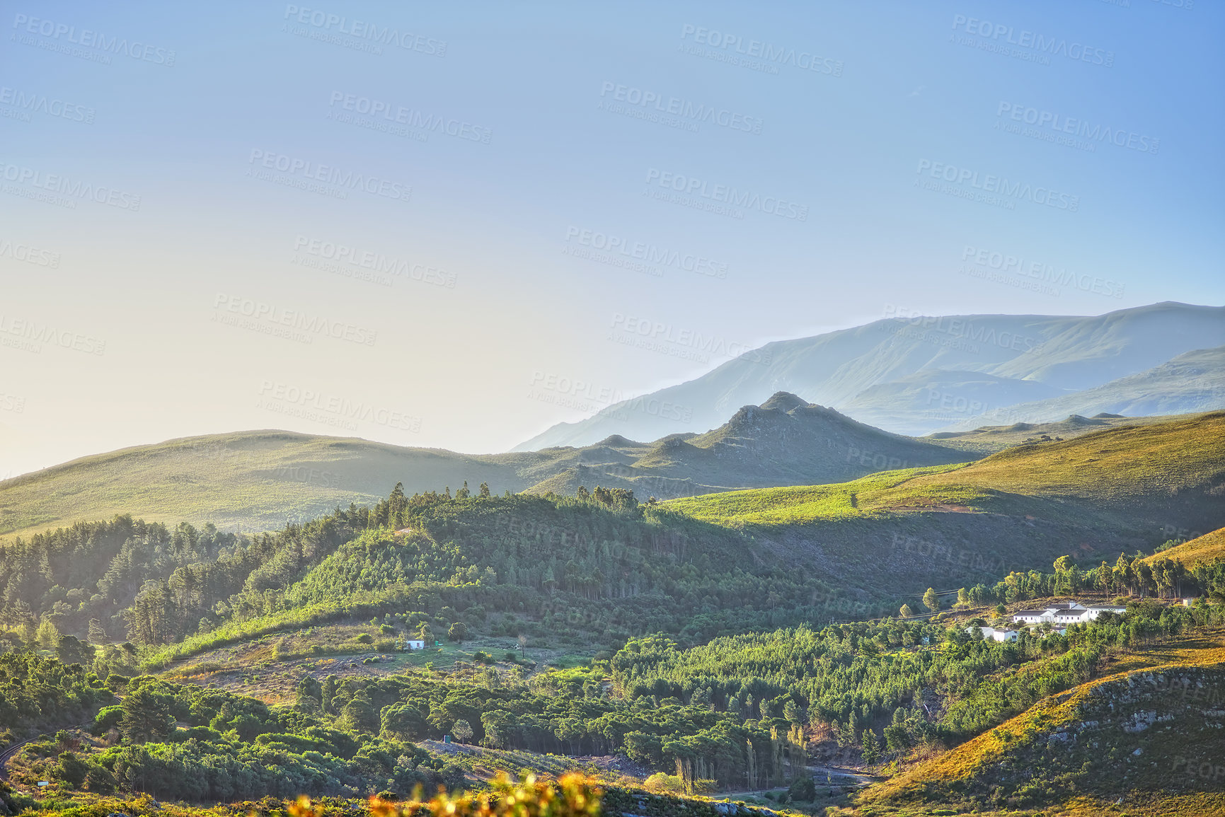 Buy stock photo Mountains, environment and blue sky with nature, countryside and sunshine with landscape or weekend break. Empty, valley or grass with flowers or vacation with summer or travel with holiday or spring