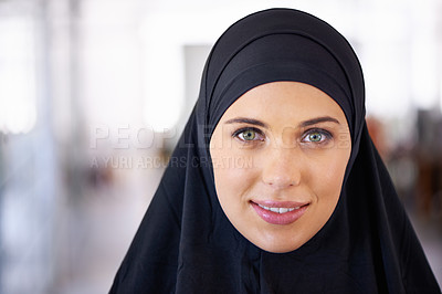 Buy stock photo Happy, business and portrait of Muslim woman in office with confidence, pride and happy for company. Professional, workplace and face of person with positive attitude for career, working and job
