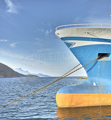 Buy stock photo Ocean, ship and travel with transportation and blue sky, nature and fresh air, vacation or journey on cruise with sailing. Boat, yacht at harbor for sea voyage or adventure with luxury outdoor