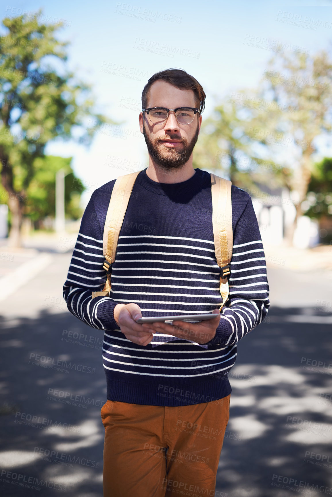 Buy stock photo Man, tablet and portrait outdoor in street, taxi service app or rideshare for travel and connection. Touchscreen, technology and social media, digital map for location and navigation on journey