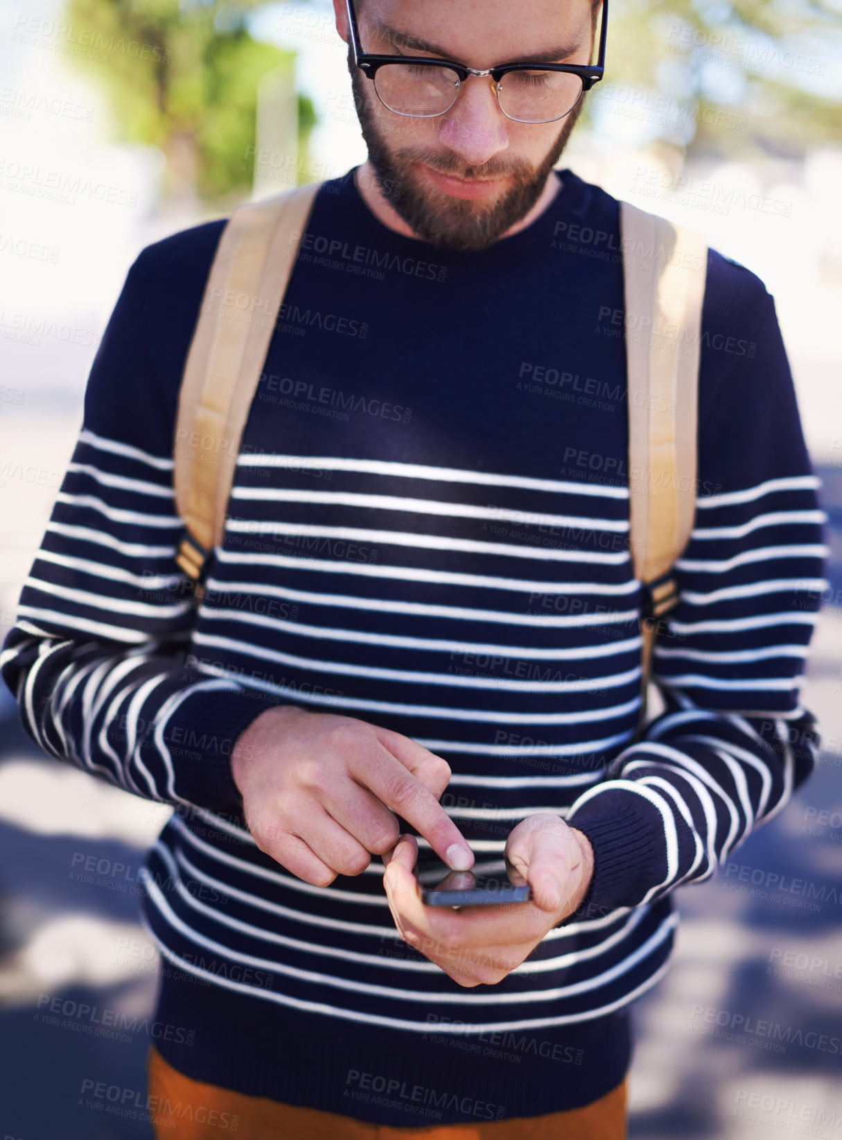 Buy stock photo College, phone and man in outdoors for website, student and scrolling on university app or internet. Town, male person and typing a message or check email, online and communication or education