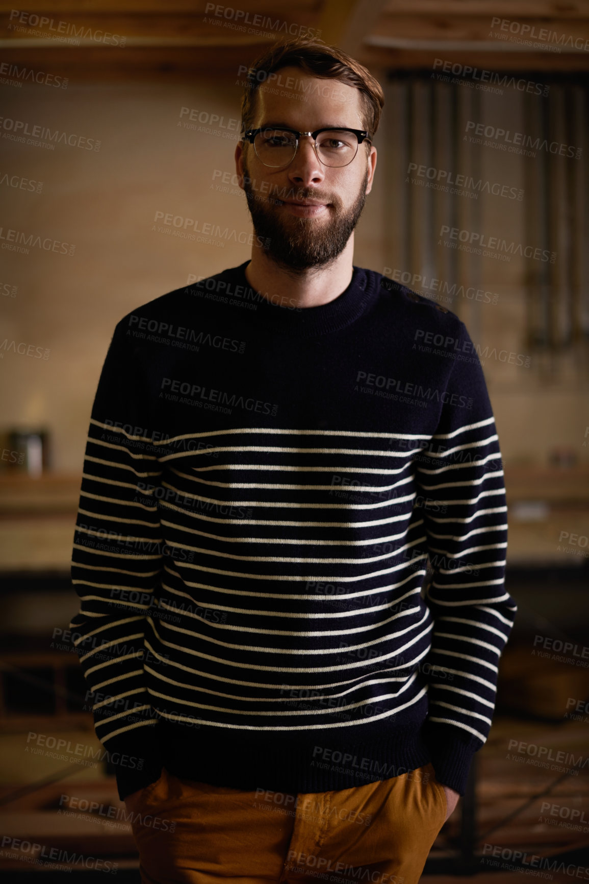 Buy stock photo Man, portrait and calm in home at night, confident and vacation for comfort or weekend in kitchen. Male person, glasses and eyewear for style or wellness, relax and smile on  face in apartment