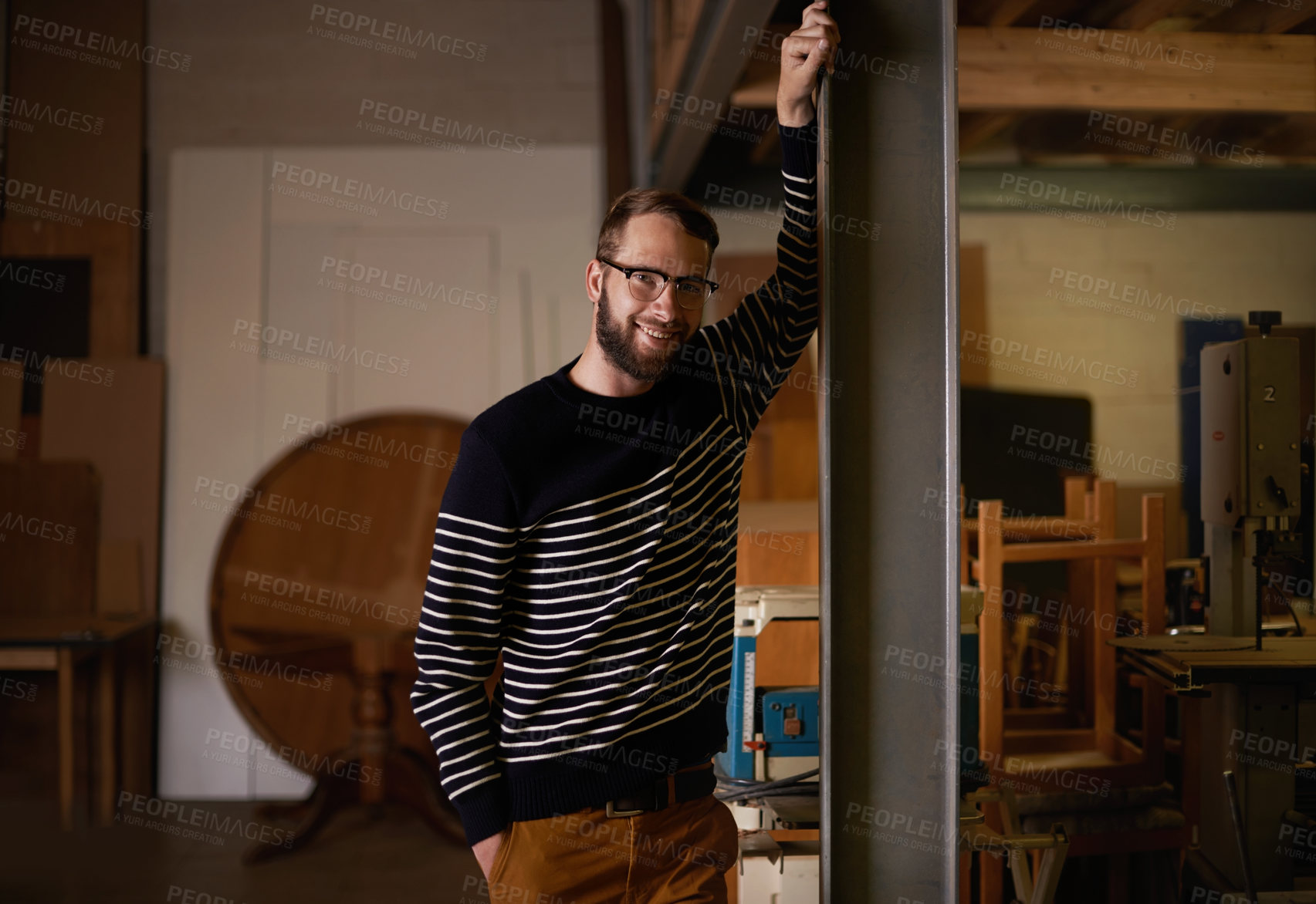 Buy stock photo Man, portrait and smile in home to relax, confident and pride for comfort or enjoyment in living room. Male person, glasses and happy with eyewear for wellness, satisfaction and weekend in apartment