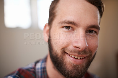 Buy stock photo Man, smile and face for selfie or profile picture for happy, casual and relax at home or indoor. Young person, hipster or attractive and handsome with confidence and cheerful with mockup space 