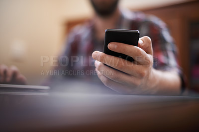 Buy stock photo Closeup, phone and hand of man for communication, social media and contact. Text message, internet and technology with male  person and typing on mobile for connection, online and digital app