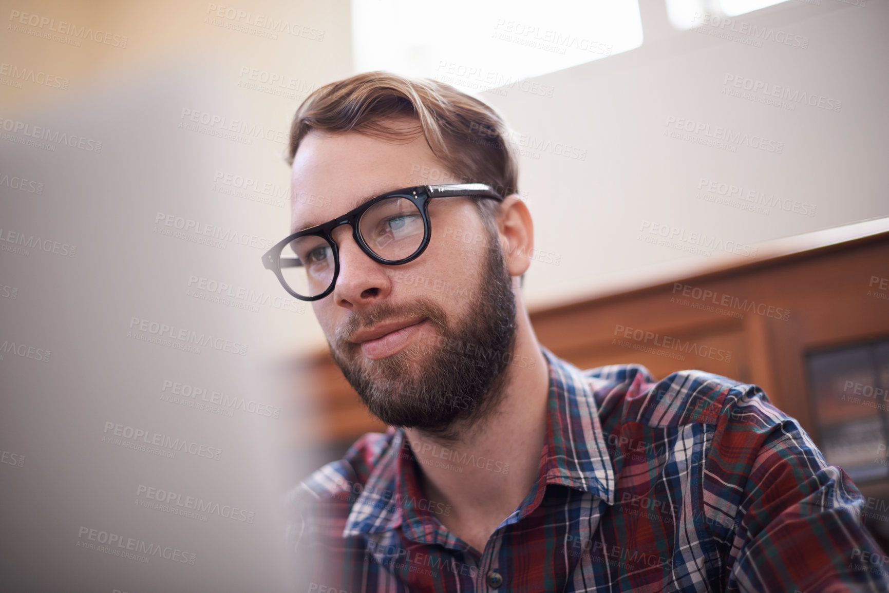 Buy stock photo Man, laptop and glasses for internet, freelancer and online or email for communication. Male person, remote work and notification in home office, reflection and browse for research on app and website
