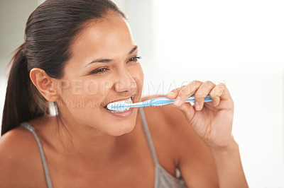 Buy stock photo Health, bathroom and woman with toothbrush for cleaning, oral hygiene and dental care in home. Toothpaste, healthcare and person brushing teeth for whitening, wellness and grooming for gum disease