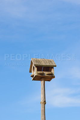 Buy stock photo Blue sky, wood and birdhouse or feeder hanging on pole, closeup and box for food of animal. Summer, outdoor and trunk of tree for home, seed and eating of Woodpecker in park of Australia in nature