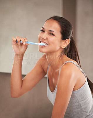 Buy stock photo Health, bathroom and portrait of woman with toothbrush for cleaning, oral hygiene and dental care in home. Toothpaste, healthcare and person brushing teeth for whitening, wellness and grooming
