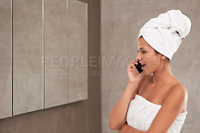 Buy stock photo Phone call, bathroom and woman in towel from shower, washing and cleaning or grooming in home. Skincare, wellness and person talking on smartphone for communication, conversation and chatting online
