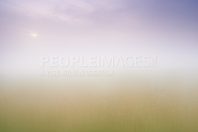Buy stock photo Misty, sky and clouds with environment, weather and season with colours and morning with sunrise. Empty, summer and fog with air and peaceful with dawn and ozone layer with atmosphere and 