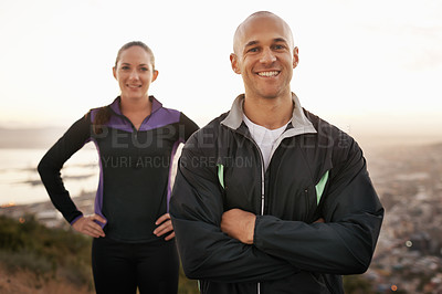 Buy stock photo Fitness, portrait and couple in nature with arms crossed for training, exercise or morning cardio run. Sports, face and athletic people outdoor with pride for workout, wellness or running performance