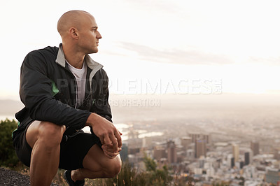 Buy stock photo Man, thinking and fitness with vision on mountain by the city for workout or outdoor exercise in nature. Male person or athlete in wonder, thought or dream for training or running on mockup space