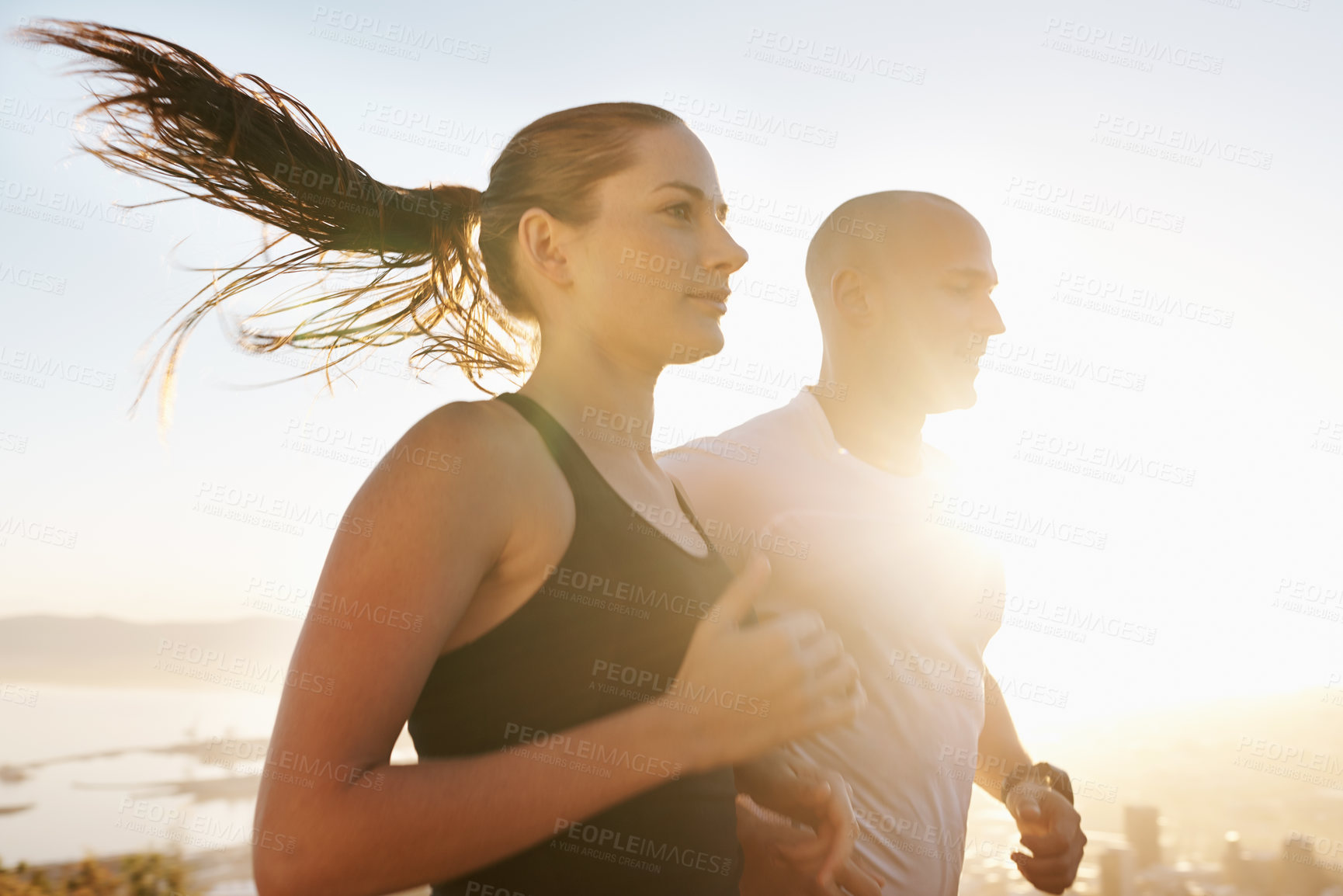 Buy stock photo Sunrise, wellness and running couple doing workout or morning exercise for health and fitness together. Sport, marathon and woman runner run with man athlete training in cardio for sports or energy