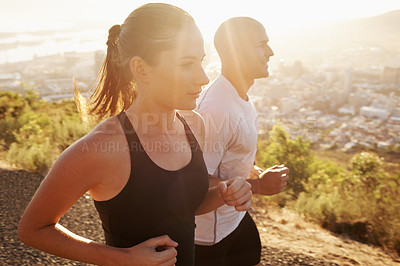 Buy stock photo Sunrise, wellness and friends running as workout or morning exercise for health and fitness together. Sport, man and woman runner run with athlete as training in a city for sports or energy