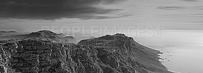 Buy stock photo Black and white image of a view over Table Mountain