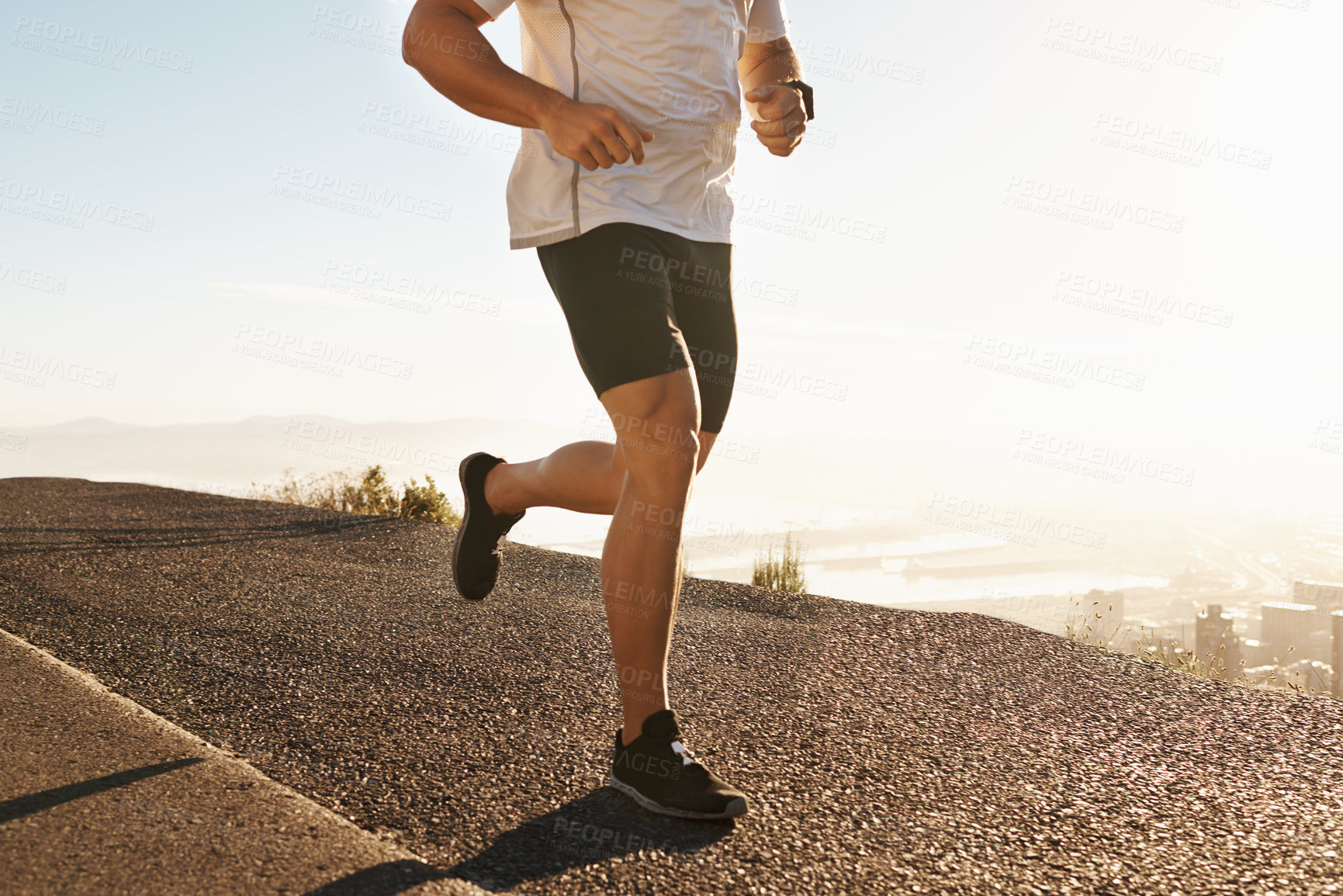 Buy stock photo Legs, sneakers and running in street for fitness, cardio and health outdoor with fresh air and training for marathon. Sports, exercise and athlete person in city for workout, wellness and endurance