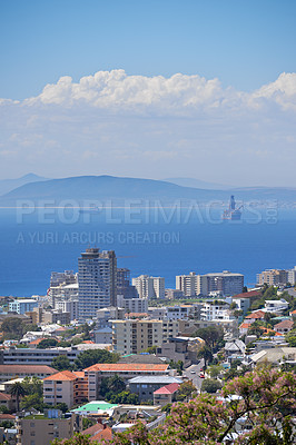 Buy stock photo City, building and sea on coast with infrastructure for summer holiday, explore or downtown. Water, urban and sea or mountain in South Africa or skyline nature or evening, vacation or development