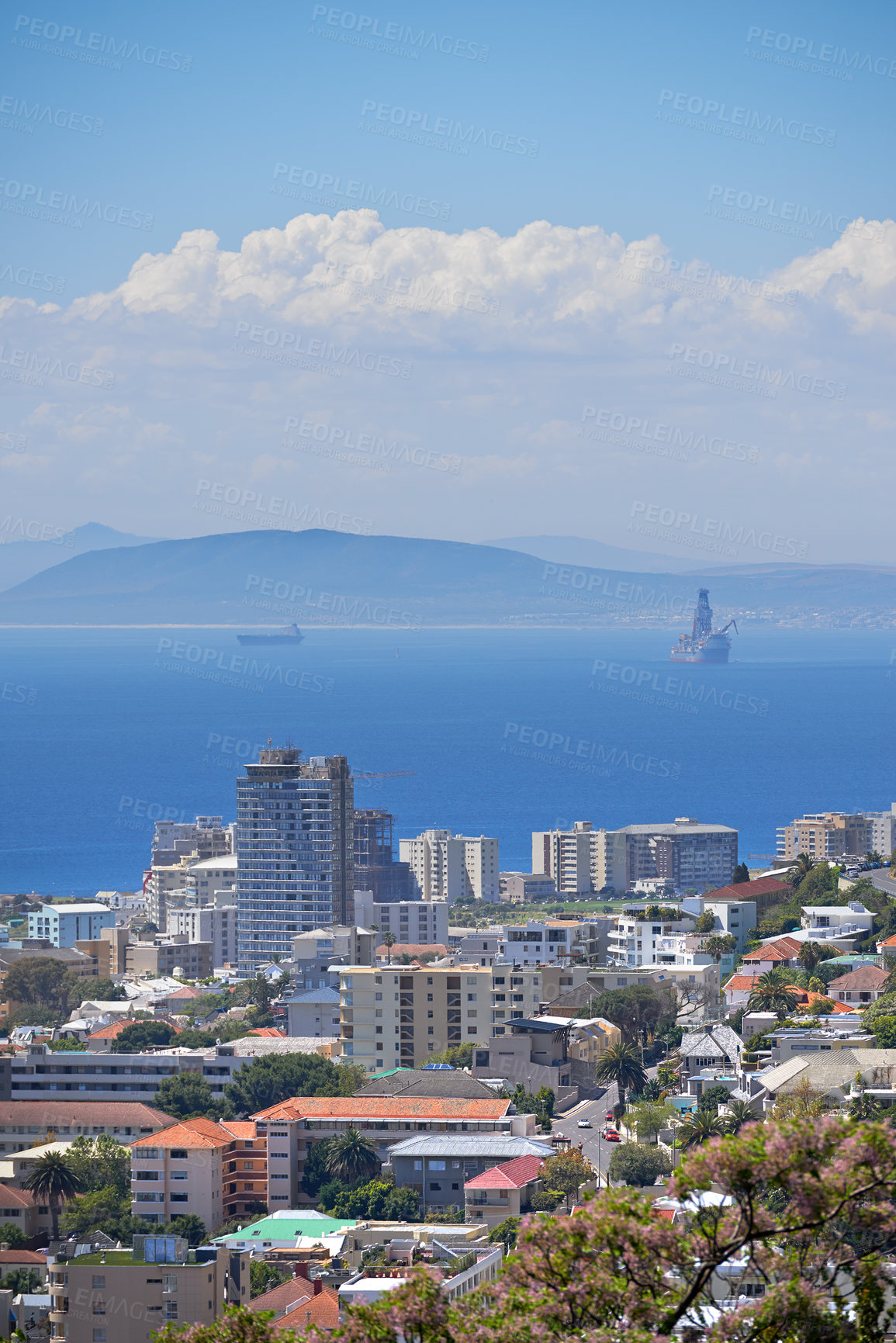 Buy stock photo City, building and sea on coast with infrastructure for summer holiday, explore or downtown. Water, urban and sea or mountain in South Africa or skyline nature or evening, vacation or development