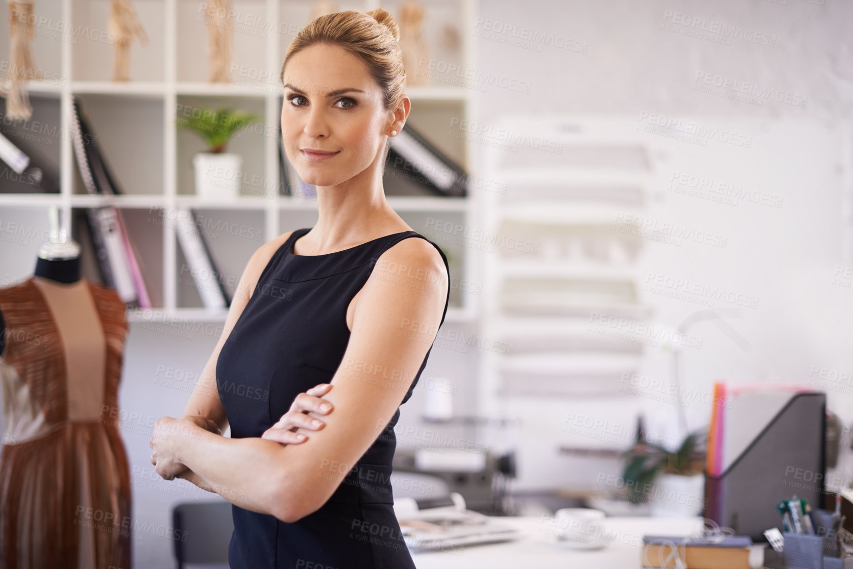 Buy stock photo Fashion designer, crossed arms and portrait of confident woman in office for design, workshop or startup career. Professional, creative workplace and person with clothing, fabric and textile boutique