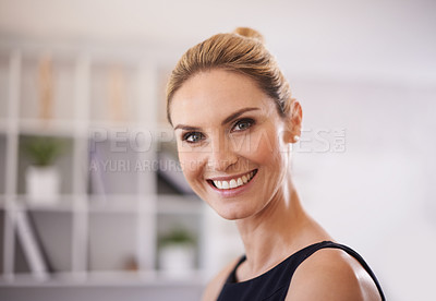 Buy stock photo Business woman, portrait and happy entrepreneur in a creative office with confidence of a designer. Professional, career and female person at a fashion company with an art director ready for working