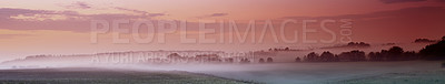 Buy stock photo Farm, mist and panorama of agriculture nature with sunset environment or sustainability production, harvest or fog. Grassland, morning and dusk in England landscape or forest trees, ecology or field
