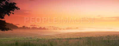 Buy stock photo Sunlight, grass and fog in countryside, field and panorama for landscape, banner or wallpaper. Mist, dramatic and sky for sunrise, serenity and natural scenery for screen saver of peaceful grassland