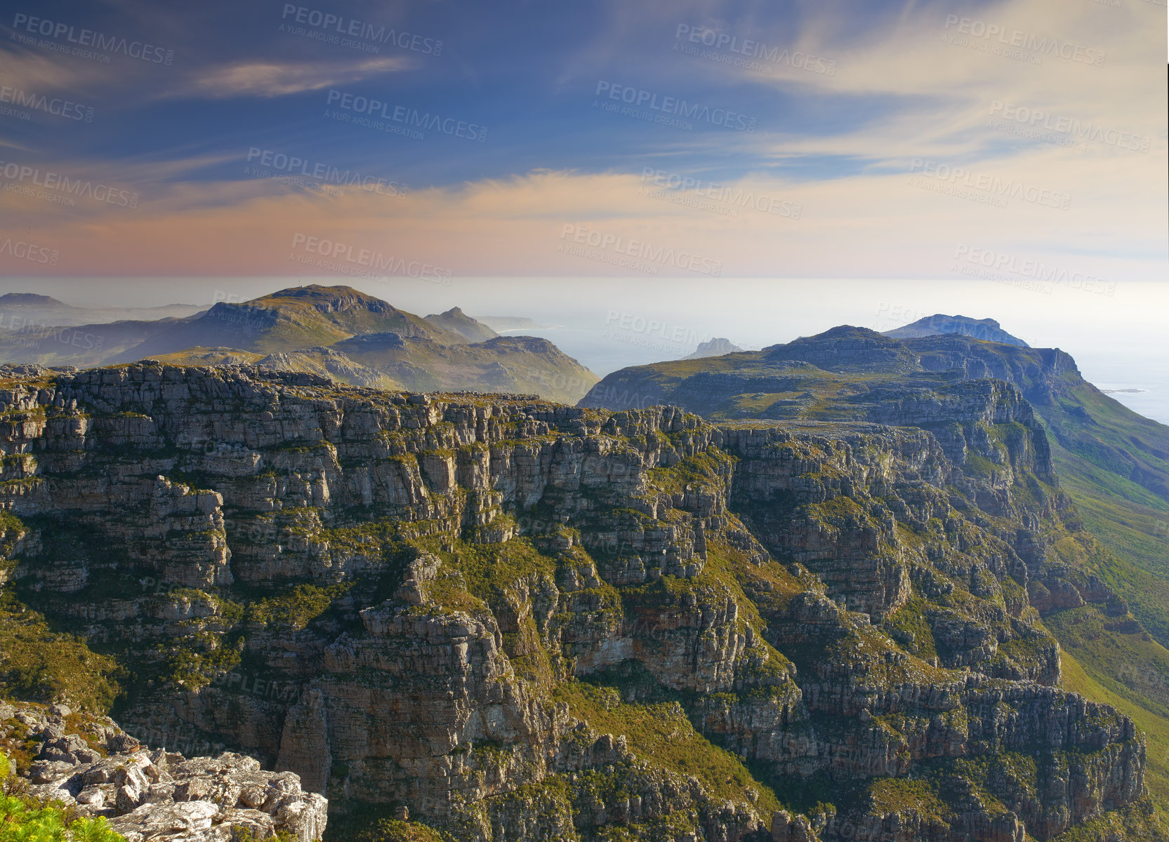 Buy stock photo Mountain, nature and sky with green cliff, clouds and natural landscape for travel location. Hill, fog and sustainable environment with ocean, peace and holiday destination with drone view of earth