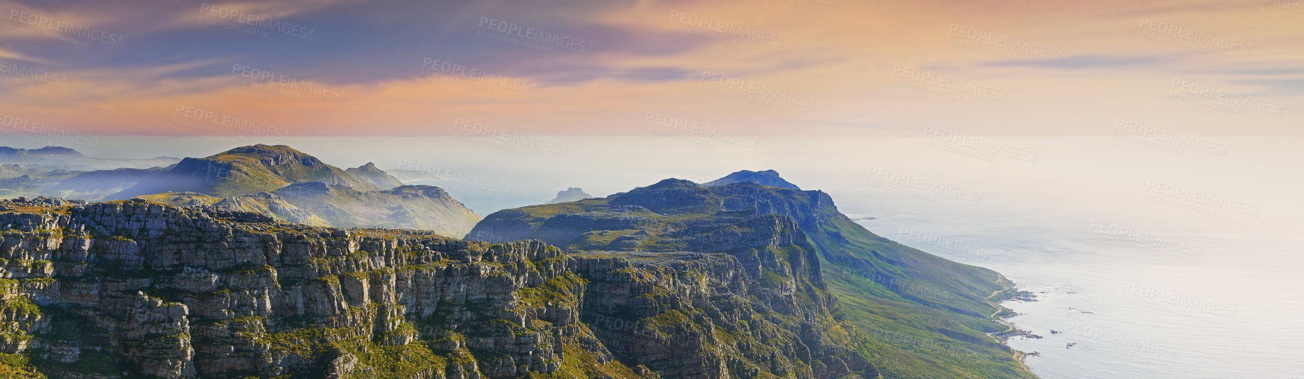 Buy stock photo Mountain, island and clouds on sunset sky at ocean with natural landscape, hill and beach at travel banner. Nature, fog and sustainable environment with earth, sea and tropical holiday destination