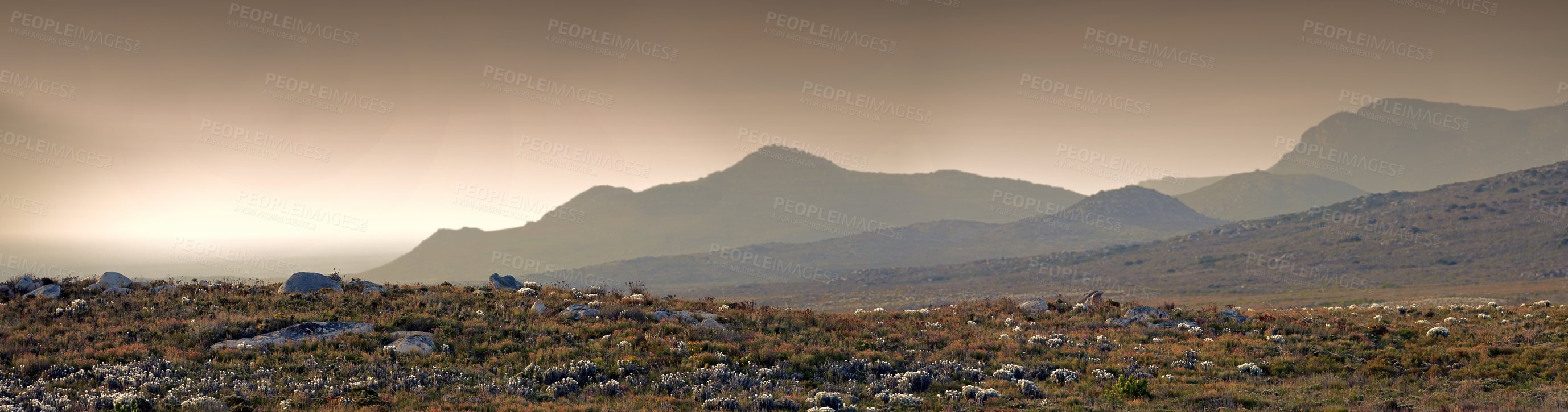 Buy stock photo Mountain, landscape and banner at sunset with rock, texture or summer countryside in Africa. Morning, outdoor and journey to hill on horizon with bush, grass and environment in nature with stone