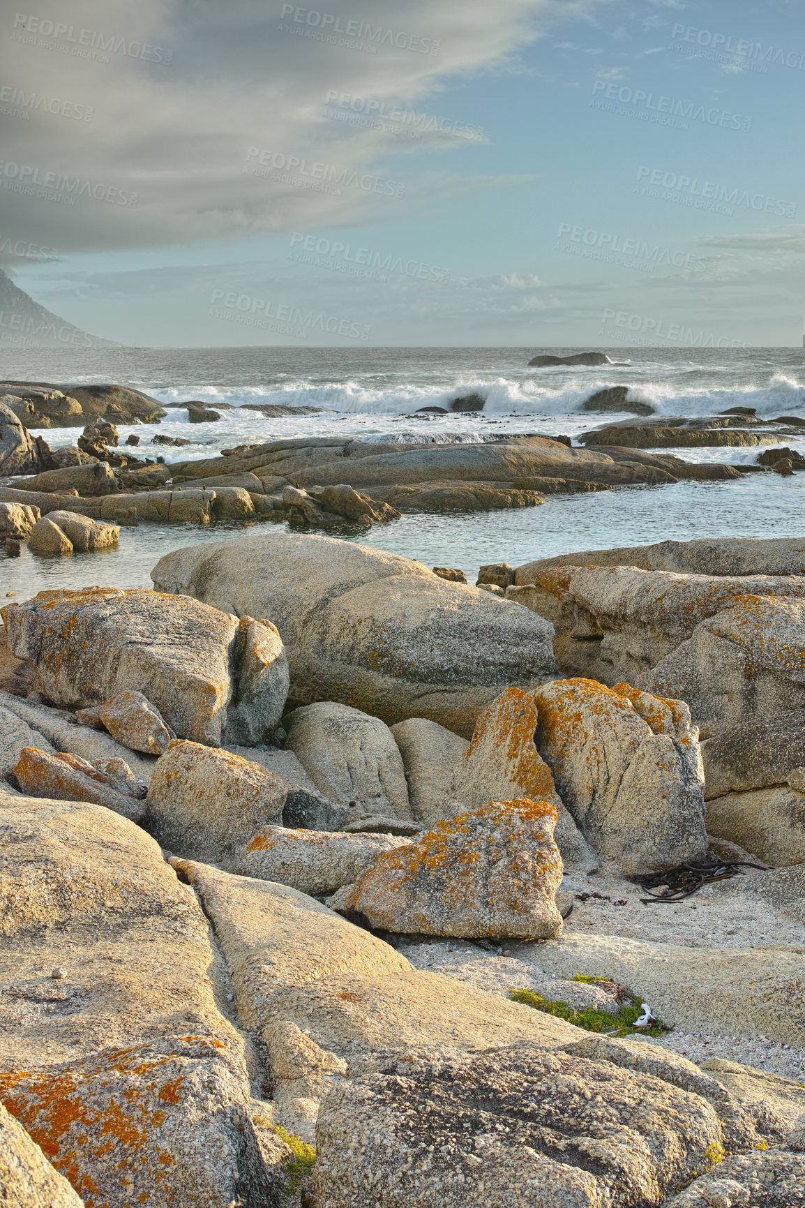 Buy stock photo Ocean, rocks and landscape with beach and travel, waves and summer vacation outdoor. Environment, sea view  and seaside location with tropical destination and journey on island, nature and adventure