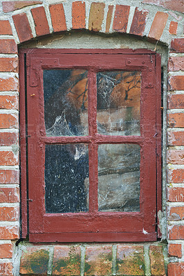 Buy stock photo Old, window and exterior with brick wall of abandoned house, building or wooden frame. Glass of historic outdoor home with vintage or rustic rubble of damage, neglect or aged texture in dirt or dust