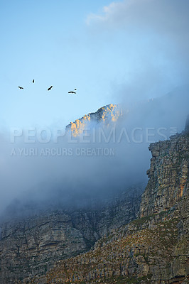 Buy stock photo Mountain, clouds and natural landscape with blue sky, scenery and peace for travel destination. Earth, nature and environment for outdoor adventure, explore and holiday location in Cape Town.