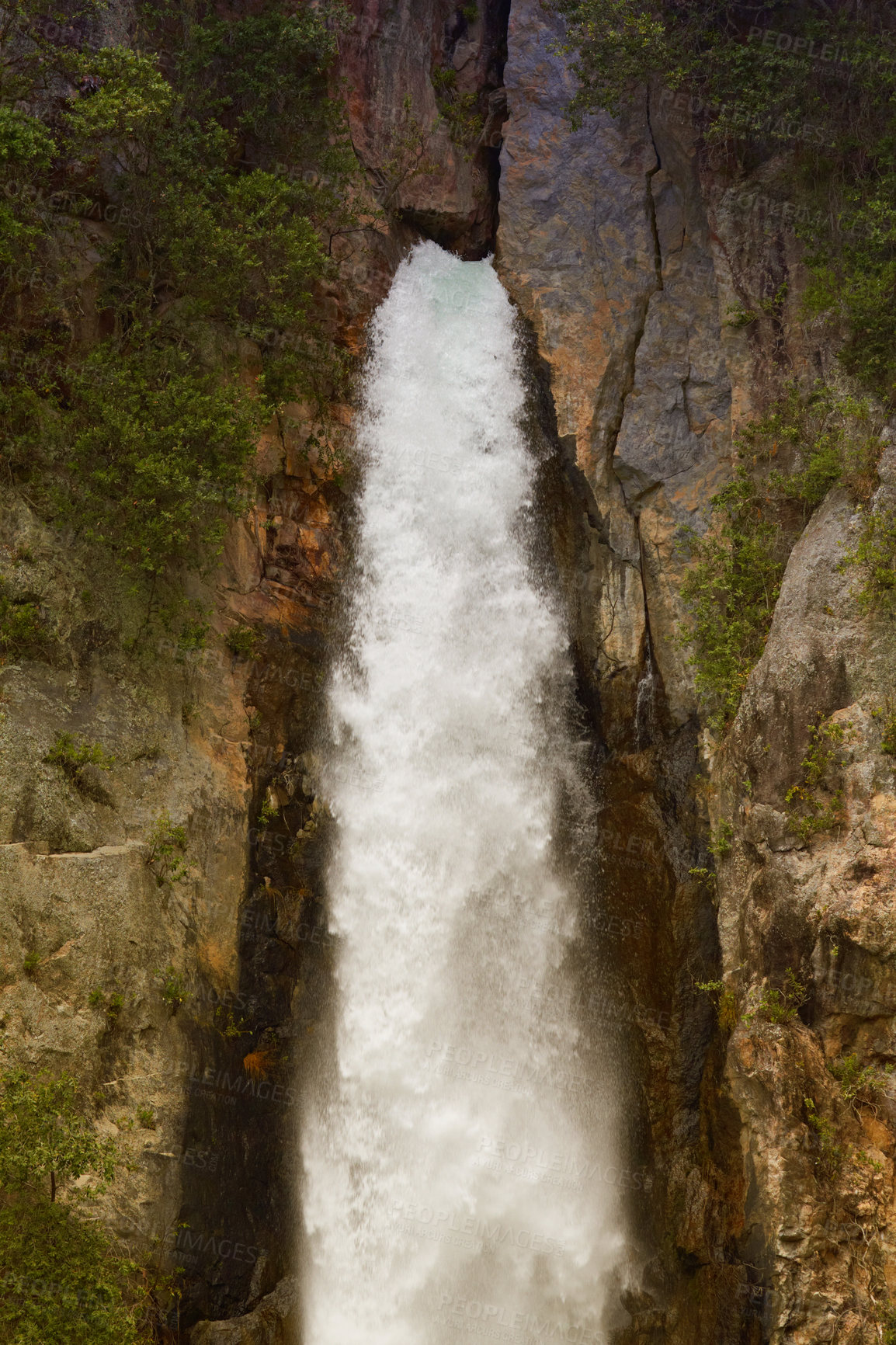 Buy stock photo Mountain, waterfall and nature for background with travel, tourism and scenic view outdoor. Adventure, hiking and natural spring water for environment, landscape and location for summer vacation