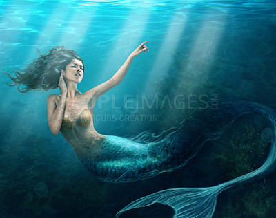Buy stock photo Shot of a mermaid swimming in solitude in the deep blue sea - ALL design on this image is created from scratch by Yuri Arcurs' team of professionals for this particular photo shoot