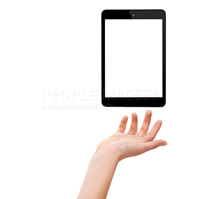 Buy stock photo Hand, tablet and empty screen in studio, display and mockup space or social media on white background. Person, tech and website or networking for marketing, app and internet or online for advertising