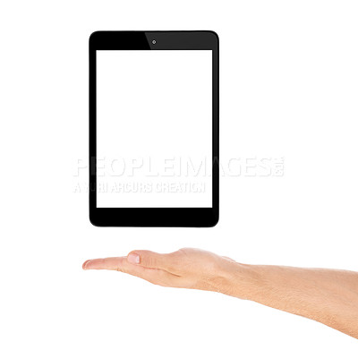 Buy stock photo Hand, tablet and screen for mockup space in studio, display and product placement on white background. Person, tech and website or networking for marketing, app and internet or online for advertising