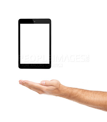 Buy stock photo Hand, tablet and screen for marketing in studio, display and product placement on white background. Person, tech and website or networking on mockup space, app and blank or online for advertising
