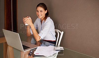 Buy stock photo Woman, laptop and coffee in home office with notes and calculator for remote work, startup or job at desk or table. Entrepreneur or worker with smile and tech for internet, research and finance