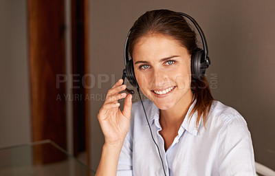Buy stock photo Portrait, customer service and sales consultant with headset professional, formal clothes and working in office. Woman, smile and talking with clients for support, advise and help in call center