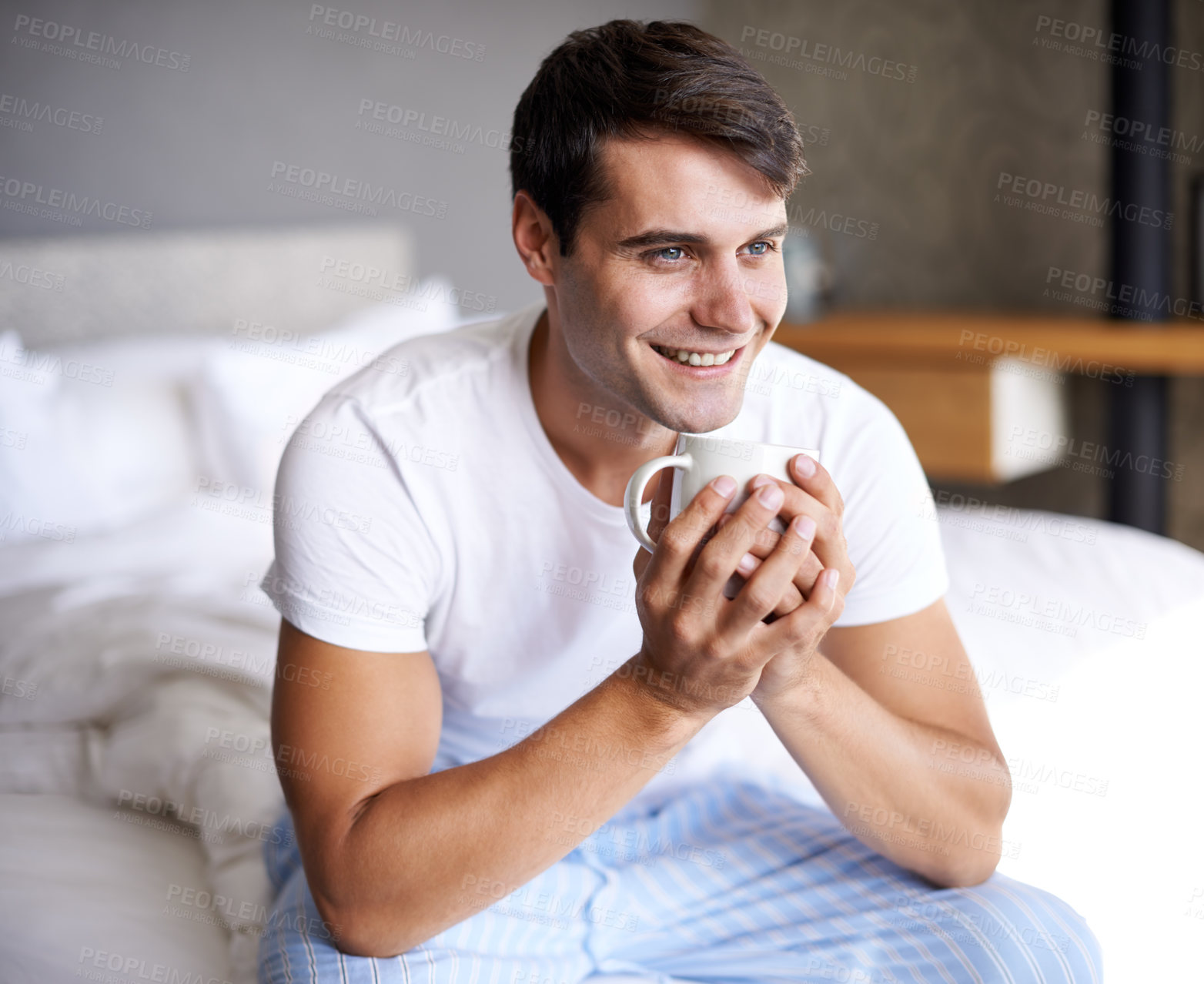 Buy stock photo Man, bedroom and morning coffee sitting and thinking, weekend off in apartment to relax with attractive male person. Casual and holiday or home, Saturday off day and comfortable positive guy with cup