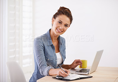 Buy stock photo Businesswoman, office and portrait and notepad with laptop, creative or digital technology planning or web development. Networking and communication for social media, internet research or design idea