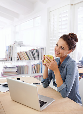 Buy stock photo Female student, laptop and coffee in portrait or home, notebook and smile while studying. Woman, research and working on school project with computer, technology and connectivity for results